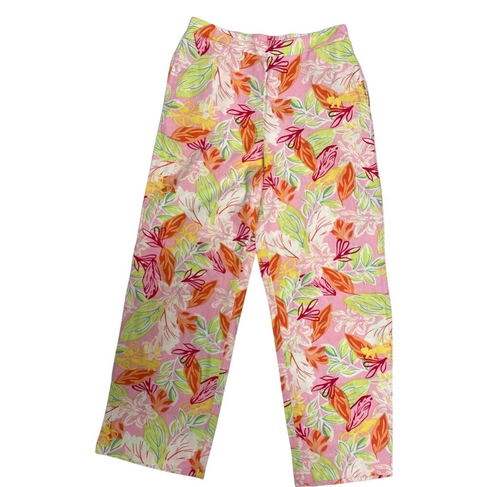 Sincerely Jules Pink‎ Tropical Leaf Pattern Linen Blend Trousers Women's Large